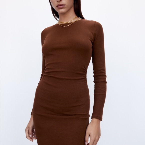 Zara CUT OUT RIBBED CHOCOLATE BROWN DRESS - Picture 4 of 6